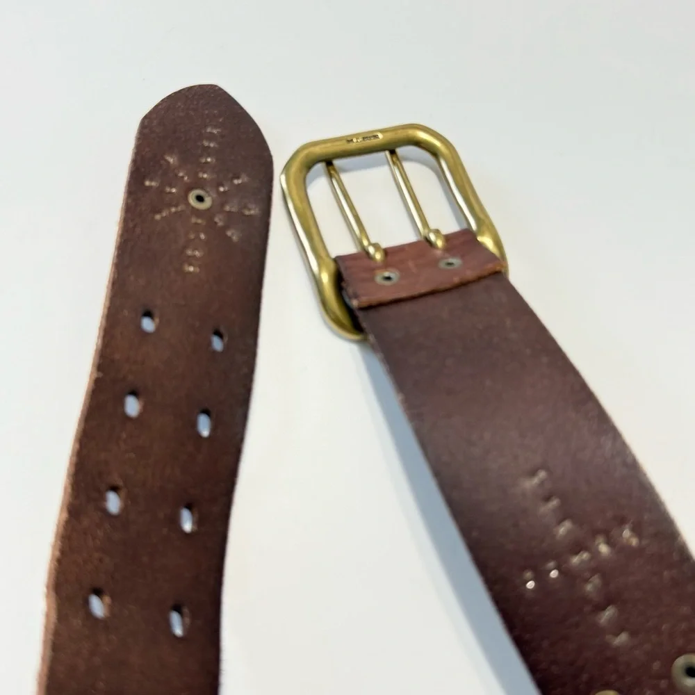 Linea Pelle Vintage Brown Leather Studded Western Belt Brass Double Prong Sz L